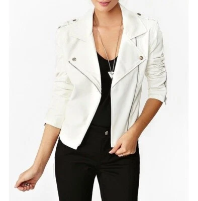 Chaqueta de cuero genuino blanca hecha a mano para mujer, chaqueta de cuero de motociclista para mujer Foto 1 de 4