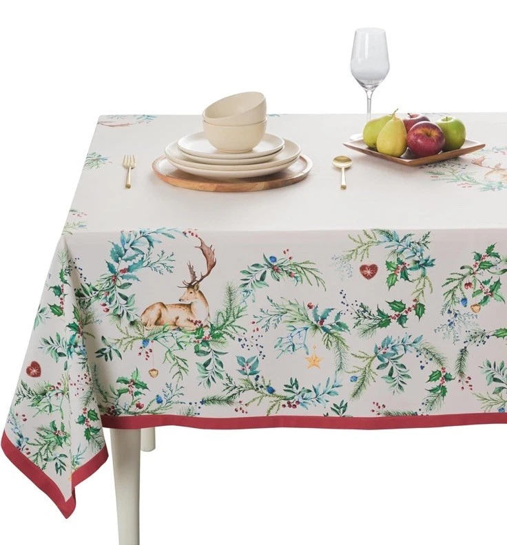 MAISON D' HERMINE Christmas Tablecloth Holly Time Birds Deer Mistletoe 60 X 120 - Image 1 of 4