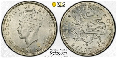 British Cyprus, 1940 George VI Nine Piastres, 9 Piastres. PCGS 64 - Image 1 of 3
