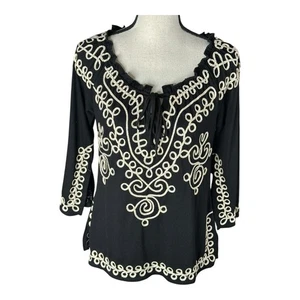 Lauren Michelle Shirt Tunika Damen groß schwarz bestickt Bindekragen Armschlitze - Bild 1 von 12