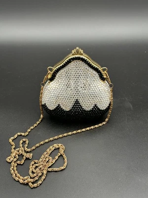 Vintage NEIMAN MARCUS Black & White Rhinestone Purse Clutch Teardrop Small - Image 1 of 4