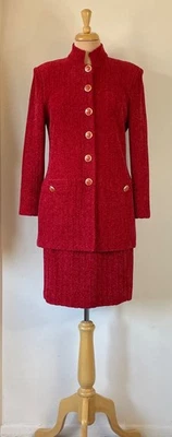 St. John Knit Size 6 Crimson Red Jacket & Skirt Sparkling Chenille - Silk Lined - Image 1 of 4