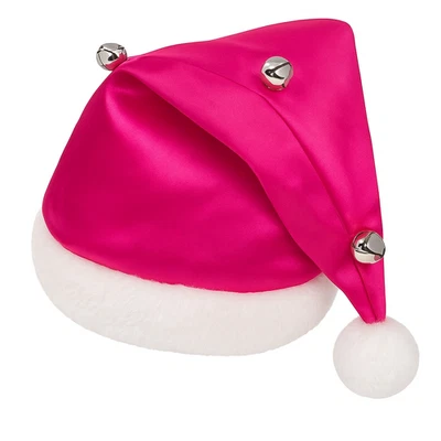 Festive Christmas Party Holiday Adult Satin Santa Hat with Silver Bells (PINK) - Image 1 of 4