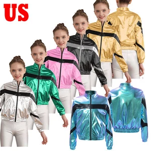 Kids Girls Shiny Metallic Bomber Jacket Zipper Blazer Stage Performance Jacke - Picture 1 of 64