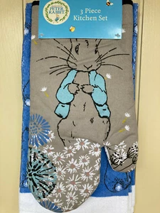 Peter Rabbit Easter Bunnies 3pc Kitchen Set~Oven Mitt & 2 Dish Towels 100%Cotton - Picture 1 of 3