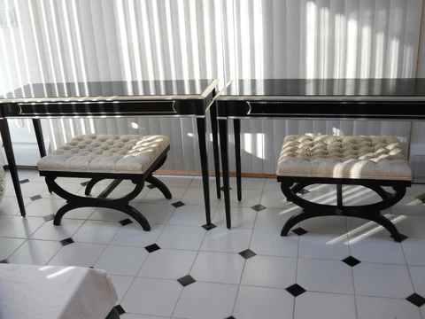 Pair of Lacquer Black and Silver Gilt Consoles with Benches Curule Gio Ponti Cover