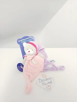 Doudou Plat/Mouchoir Chat/Ours Gris Rose Mauve Lune Étoile Luminescent - Babynat - Photo 1/4