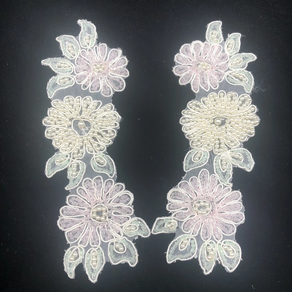 Apliques de cuentas florales combinados vintage de 2 piezas 7" x 2" rosa verde blanco con perlas Foto 1 de 4