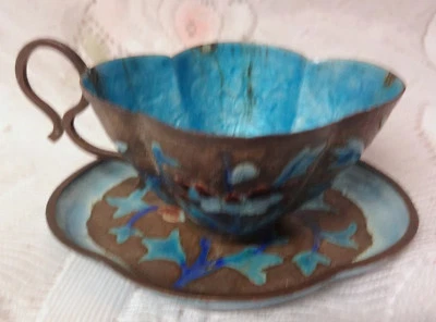 Taza y platillo de té floral antiguo chino de exportación cobre metal esmalte Foto 1 de 4