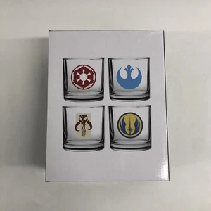 Star Wars Glasses Set of 4 Classic Logos Jedi Empire Rebellion Mandalorians - Picture 1 of 5