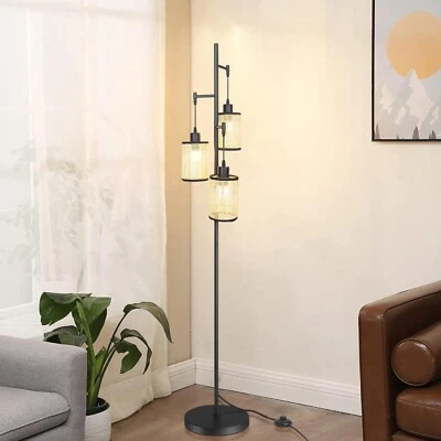 3-Light Tree Floor Lamp with Rattan Lampshade Footswitch for Living Room Deco - Image 1 of 4