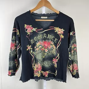 Vintage Moda USA Y2K Romance Rhinestone Love Heart Tattoo Print Top Womens XL - Picture 1 of 7