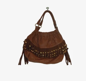 Bobby Schandra Dallas Genuine Leather Medium Size Brown Satchell Studded Purse - Picture 1 of 17