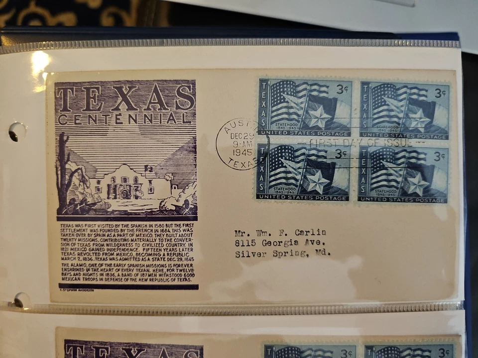 1945 100yr Anniversary Of Texas Statehood, Scott 938, Block Of 4 3c Stamps FDOI - Image 1 of 1