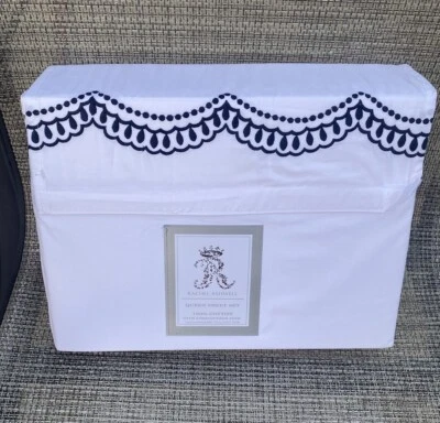 Rachel Ashwell White Cotton Embroidered Scallop Dot Navy QUEEN Sheet Set 4pc - Image 1 of 4
