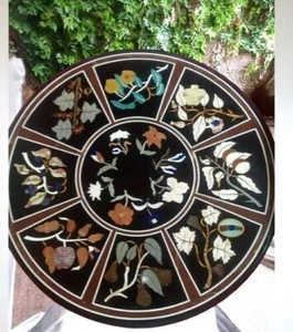 24" Marquetry Inlay Art Black Coffee Table Top Semi Precious Garden Decors - Picture 1 of 9