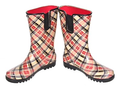 Women's Sperry Top-Sider STS91111 Waterproof Rubber Boots Red Blue Plaid Size 8 - Image 1 of 4