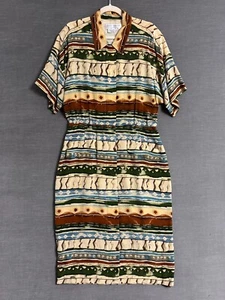Vintage Maggy London Dress 14 Brown Green Silk Midi Shirt Safari Boho Tribal - Picture 1 of 12