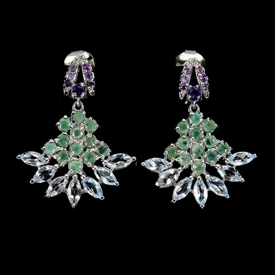 925 Sterling Silver Earrings Marquise Aquamarine Emerald Gemstone Jewelry - Image 1 of 4