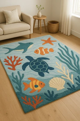 HAND TUFTED OCEAN THEME  100 % WOOL AREA RUGS FOR LIVING ROOM HOME DECOR - Image 1 of 4