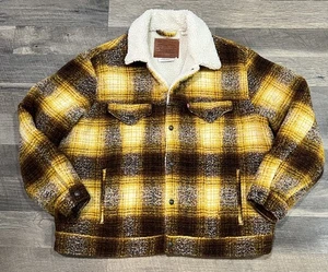 Levis Mens XL Yellow Brown Plaid Wool Blend Sherpa  Type 3 Trucker Jacket - Picture 1 of 13