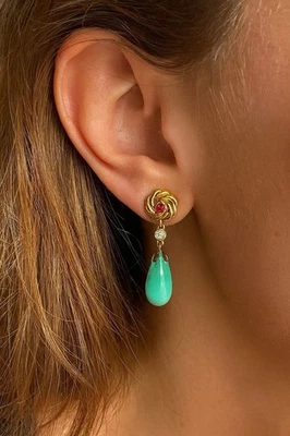 Vintage Ruby Diamond Loveknot Earrings Chrysoprase Estate Fine Jewelry Pre-Owned - Image 1 of 4