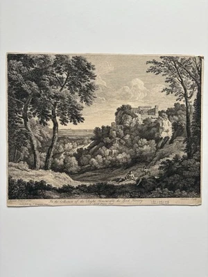 Paisagem italiana gravura antiga com figuras um rio um castelo em uma colina 1741 - Imagem 1 de 4