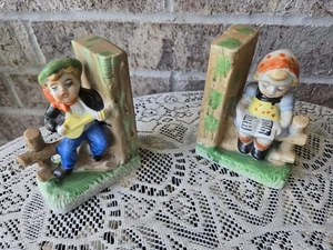 VINTAGE MADE IN JAPAN CERAMIC BOOKENDS GIRL READING BOY PLAYING MUSIC 4: TALL - Picture 1 of 8