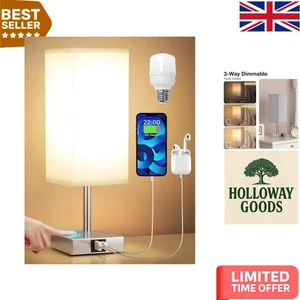 Elegant 3-Way Dimmable Table Lamp with Grey Fabric Shade & USB Charging Ports - Picture 1 of 13