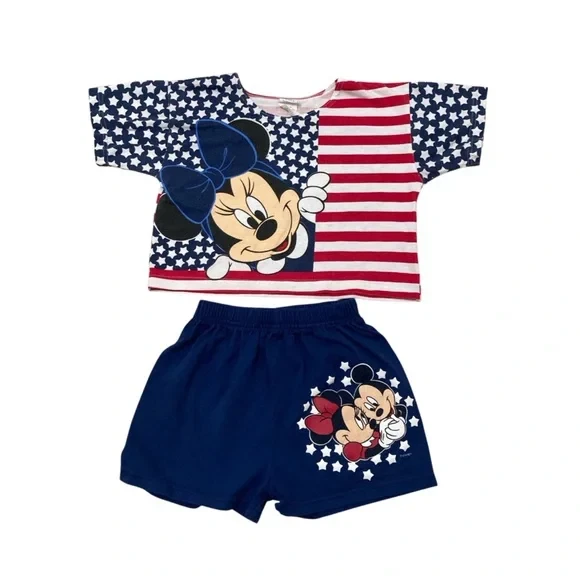 复古 90 年代迪士尼米奇米妮老鼠 7 月 4 日美国 2 件套女孩尺寸 7/8 — 第 1/4 张图片
