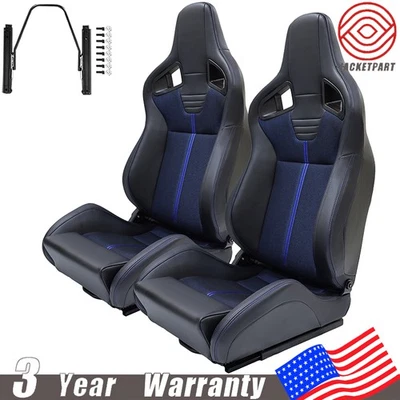 2 asientos con canastilla de carreras para asientos reclinables de vinilo Pontiac negro y azul Foto 1 de 4