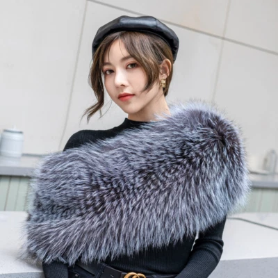 100% Real Silver Fox Fur &Raccoon Fur Wraps Shawl Pullover Cape Shrugs Scarf  - Image 1 of 4