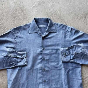 Ermenegildo Zegna Shirt Mens 16 Blue Button Up Linen Cotton Preppy Basic Dad - Picture 1 of 11