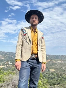 Vintage Pioneer Wear Suede Fringe Jacket w/ Beaded Details and Thunderbird Patch - Picture 1 of 10