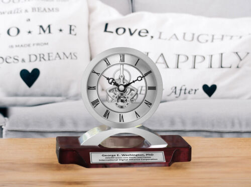 Personalize Engrave Clock Desk Silver Moving Gear Table Engineer Retirement Gift