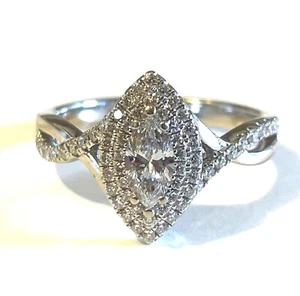 Anillo de compromiso oro blanco 14k 0,61ct diamante marquesa natural doble halo 3,3 g - Imagen 1 de 6