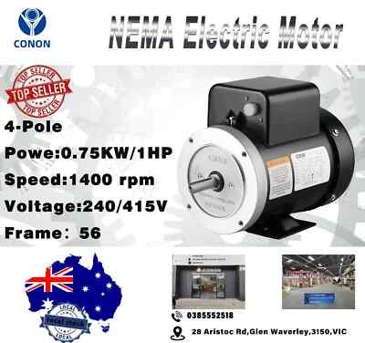 Three Phase NEMA Electric Motor 415V 0.75kW 1HP 1400rpm FRAME 56 1Ph CSCR 5/8" - Image 1 of 4