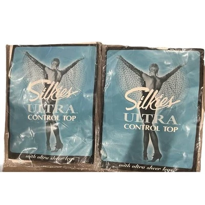 2 Silkies Ultra Control Top X-Tall Blanco y Beige Piernas Ultra Transparentes Manguera Pantimedias Foto 1 de 4