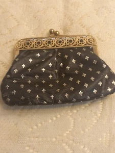 Black Stamped Gold Kiss Lock Coin Purse Silver Fleur De Lis Embellished VINTAGE - Picture 1 of 9