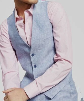 Bar III Hombre Azul Ajustado Floral-Espalda Texturizada Lino Traje Chaleco Chaqueta Talla M Foto 1 de 2