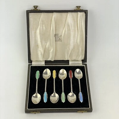 Juego de 6 cucharas Art Deco esmalte plata maciza 10,3 cm Henry Clifford Davis 1948 Foto 1 de 4