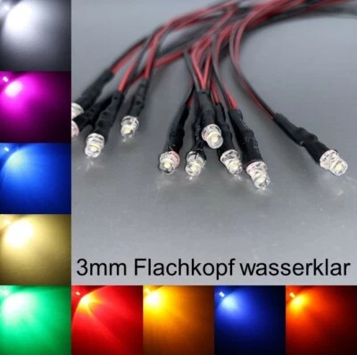 verkabelt 3mm LEDs Flachkopf wasserklar alle Farben 3 mm LED Widerstände - Bild 1 von 3