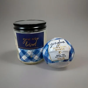 Bath & Body Works YOU ARE LOVED Gingham 7oz Candle and Bath Bomb Fizzy NEW - Picture 1 of 4