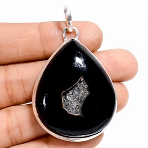 Colgante hecho a mano de plata 925 con piedras preciosas druzy de ónix negro natural 2" ARP-6116 - Imagen 1 de 3