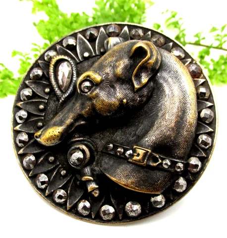 STUNNING X- LG. VICTORIAN CUT STEEL BUTTON W/ WHIPPET DOG W/ RIDING CROP A41 Cover