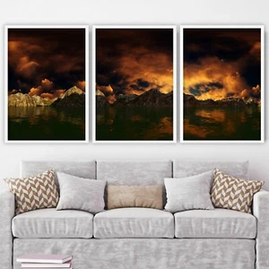 Abstract Set of 3 Orange Yellow Gold Mountains Sunset Wall Art Print Picture - Picture 1 of 4