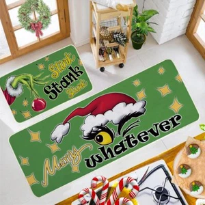 Christmas Kitchen Floor Rugs Kitchen Mat Set of 2 Merry Christmas Green Kitch... - Picture 1 of 8