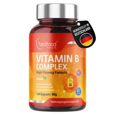 Redfood Vitamin B Complex High Dose - 240 Capsules - All 8 B Vitamins - Vegan
