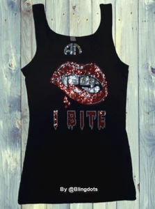 I Bite vampire Halloween Bling shirt tank top Sequins Glitter No rhinestones - Picture 1 of 6