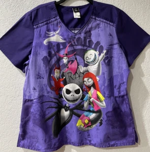 Disney Women's XL Scrub Top Nightmare Before Christmas V Neck Pockets Halloween - Picture 1 of 19